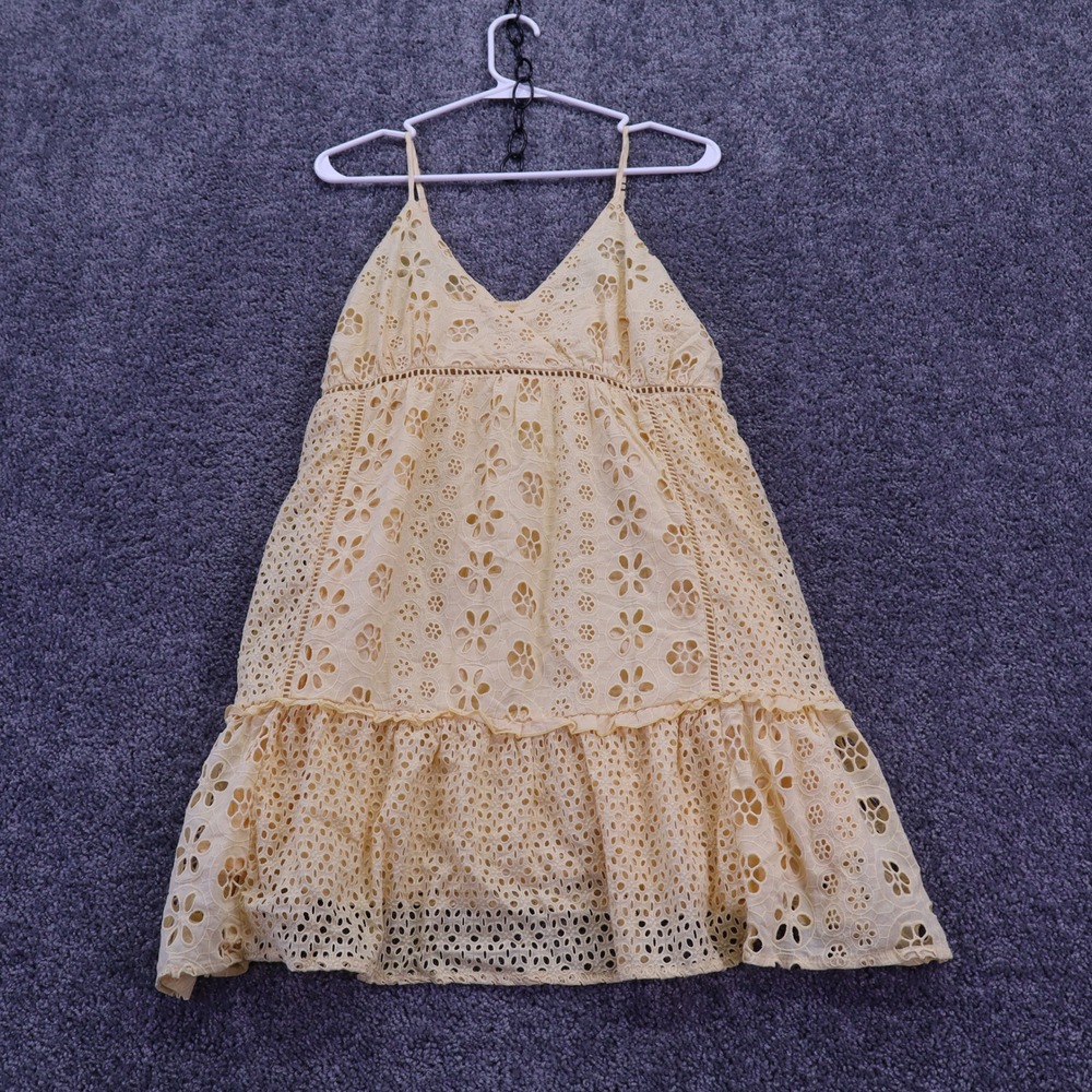 Coco Jaimeson Mini Dress Womens Large Yellow Eyelet Cotton Sun New